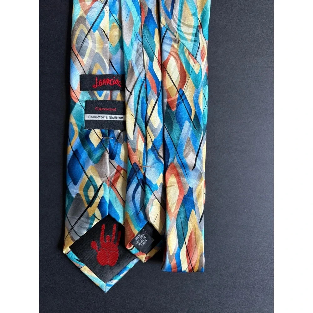 J Garcia Carousel Silk‎ Tie Mens Blue Orange Geometric Abstract Art 62 Inch Long